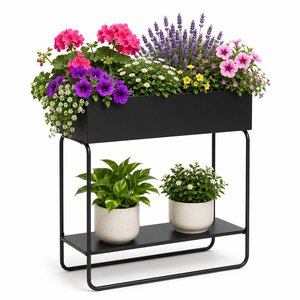 Jardinera Elevada de Metal con Estante Inferior, Soporte para Plantas de Interior y Exterior, Negro, para Flores y Hierbas ODGGAB014 - Product Image 1