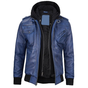 Veste à capuche en cuir de vache bleu pour homme, style motard, fermeture éclair, poches avant, coupe régulière, décontractée, imperméable, tendance OEM - Product Image 1
