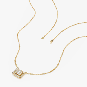Collier classique en or 14K/18K avec diamants de laboratoire, géométrique, baguette et halo de diamants ronds, pendentif rectangulaire, chaîne pour femme - Product Image 2
