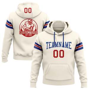 Custom Football Team <b>Hoodie</b> Men's Sporty Pullover Sweatshirt with Pocket and Logo Print <b>Red</b> Blue Stripes Front Back Design - Product Image 1