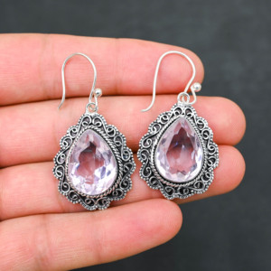 Boucles d'oreilles personnalisées en Kunzite rose créée en laboratoire, en argent sterling 925, 1,9 pouce, bijoux faits à la main en pierres précieuses, boucles d'oreilles fines de style antique, cadeau pour femme - Product Image 2