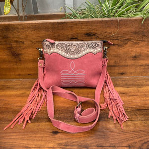 New Trendy Women's Western Leather Boho Hand-Tooled Pink Suede Crossbody Bag with Fringe, Zipper Closure, and Chain Details - Product Image 3