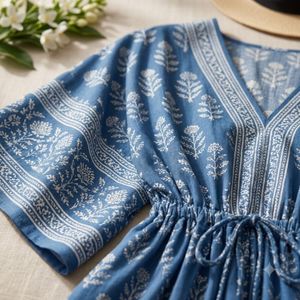 Caftán Holgado de Algodón Hecho a Mano, Versátil, con Auténtica Tintura Índigo, Estampado a Bloques Elegante, Diseño Personalizado, Largo hasta la Rodilla, Talla XL, Estilo Casual - Product Image 4
