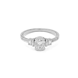 Bague de fiançailles en or massif 18 carats avec moissanite, sertie demi-cerclée, solitaire, diamant de laboratoire rond et baguette, trois pierres, style minimaliste, pour mariée - Product Image 3