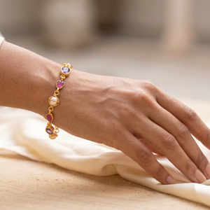Multi <b>Gemstone</b> <b>Bracelet</b> with Natural Ruby, Amethyst & Pearl in 925 Sterling Silver Gold Plated Bezel Set Link <b>Bracelet</b> - Product Image 1