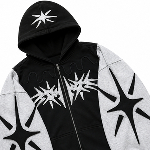 Sweat à capuche zippé Y2K personnalisé avec motif étoile, broderie appliquée premium, coupe oversize, streetwear bicolore 100% coton, marque privée - Product Image 3
