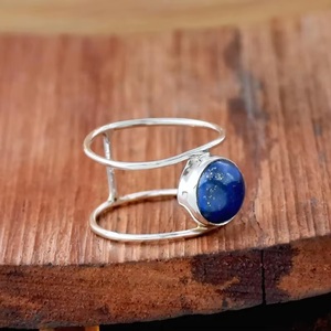 925 Sterling Silver Natural <b>Lapis</b> <b>Lazuli</b> Round Gemstone Double Band Statement <b>Ring</b> Wedding Jewelry Gift for Women - Product Image 3