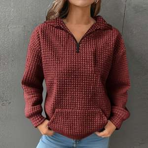 OEM 3/4 Zip Mock Neck Women Long Sleeve Drop Shoulder Waffle Knitted Pullover Solid Warm Fall Winter Sweatshirts with Pockets - Product Image 1