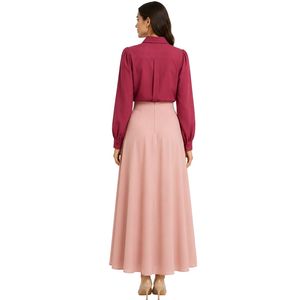 Ensemble chemisier et jupe longue brodés pour femme, bordeaux et rose poudré, manches longues, boutonnage, taille haute, tenue modeste deux pièces - Product Image 2