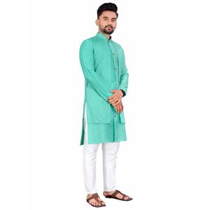 ผ้าไหม Banglori แบบดั้งเดิมแจ็คการ์ดทำงาน Kurta Payjama พร้อมแจ็คเก็ตท้องฟ้าที่แนบมา - Product Image 1