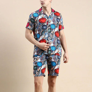 Ensemble chemise et short à manches courtes pour homme, imprimé floral, col en V, coupe classique, vêtements décontractés, tissu polyester respirant - Product Image 3