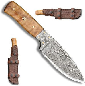 Couteau artisanal en acier Damas à lame pointue avec manche en bois et étui en cuir pour la chasse, couteaux à vendre - Product Image 1