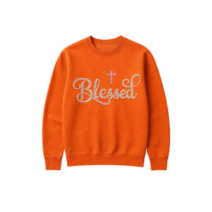 Sudadera con Logotipo Personalizado para Hombre, Color Naranja, Gráfico con Pedrería “Blessed”, Corte Holgado, Ropa Casual, Moda Urbana - Product Image 2