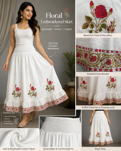 Falda Maxi Blanca Artesanal para Mujer con Motivo Floral, Bajo con Volantes, Cintura Elástica Fruncida, Forro de Algodón, Ropa para Fiestas - Product Image 3