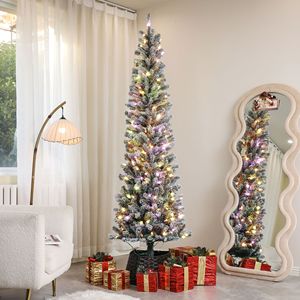7.5 ft Pencil Christmas <b>Tree</b> Pre-Lit Dual Color <b>LED</b> Lights Flocked with 519 Tips and Metal Stand Green Xmas Decorations - Product Image 2