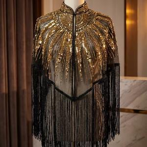 Cape de soirée de luxe dorée à sequins et franges, ornée de perles et de pompons, pour mariée, mariage, robe de soirée, prix direct usine - Product Image 1