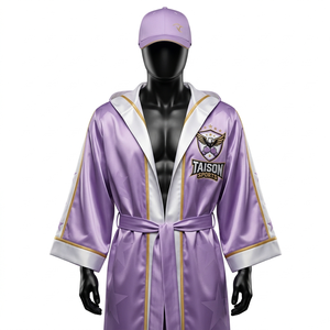Robe de boxe en polyester satiné premium 220 GSM, noir et gris avec bordure contrastée, broderie par sublimation, logo personnalisé - Product Image 3
