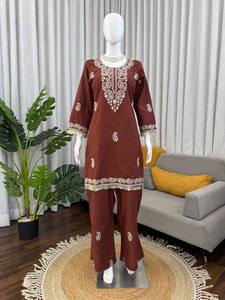 Kurta de Rayón Bordado Marrón para Mujer, Vestido Pakistaní Indio de Manga Larga, Ropa Casual para Fiestas - Product Image 5