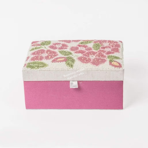 Handmade Floral Beaded Jewelry <b>Box</b> Pink Fabric <b>Storage</b> Case with Velvet Lining for Jewelry Organizers - Product Image 1