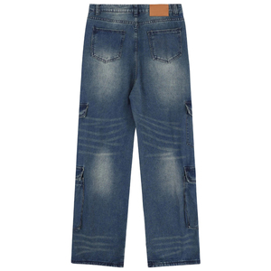 Nouveau Jean Cargo en Denim Bleu pour Homme Coupe Ample Personnalisée Multi-Poches Streetwear Vintage Délavé Jambe Large Droite - Product Image 4