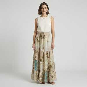 Women's Boho Woven Silk Digital Printed Tiered A-Line Maxi Skirt <b>Elastic</b> Waist Casual Summer Cotton Blend In-Stock Rajasthan - Product Image 1