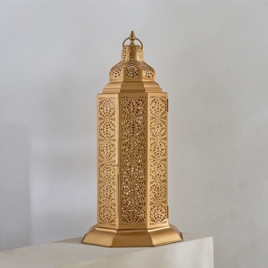 Heritage <b>Gold</b> Metal Moroccan <b>Lantern</b> with Intricate Cutwork Tall Candle Holder for Ramadan Home Wedding Decor - Product Image 2