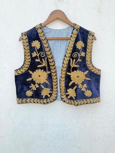 Luxury Velvet Suzani Embroidered Floral Short Lightweight Cotton Casual Vest <b>Coat</b> Handmade Ethnic Boho Waistcoat Designer Vest - Product Image 1