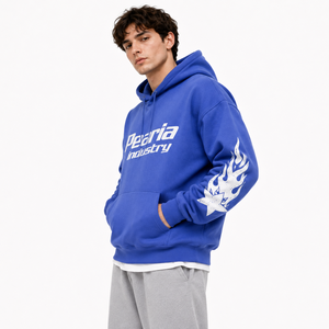Blue Custom Logo Hooded <b>Pullover</b> Tracksuit <b>Jacket</b> <b>Men</b> Cotton Fleece Hoodie Streetwear Sweatshirt for Winter - Product Image 4