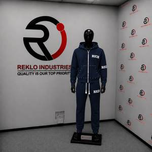Ensemble de survêtement bleu marine pour homme, sweat à capuche entièrement zippé à clous, pantalon de jogging, logo personnalisé, streetwear, vêtements de sport décontractés, tenue de sport en gros - Product Image 3
