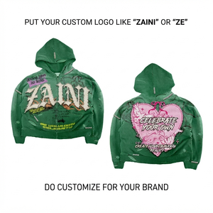 Sweat à capuche en molleton de coton épais 450 GSM, vert, finition vieillie, logo personnalisé en patch chenille, qualité supérieure - Product Image 1