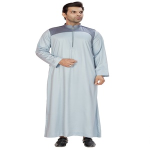 Men's <b>Light</b> Blue Polyester Long Sleeve Floor Length Thobe <b>Neck</b> Modest Prayer Wear Middle East Ethnic Regular Fit Anti-Wrinkle - Product Image 3