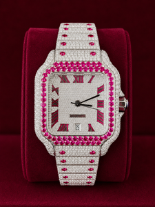 Reloj de Lujo con Diamantes de Moissanita Rosa Rubí para Mujer, Estilo Hip Hop, Completamente Cubierto de Diamantes, Esfera Cuadrada con Números Romanos, Correa de Acero Inoxidable - Product Image 1