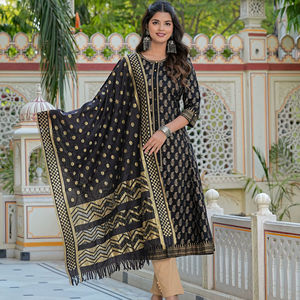 Kurta Anarkali en coton imprimé doré avec dupatta, couleur noire, pour femme, vêtement ethnique d'été pour fêtes et occasions, séchage rapide, recyclé - Product Image 1