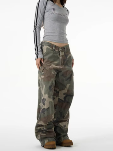 Vintage Denim Women's Loose Fit Mid Waist Summer Straight-leg Breathable Casual Streetwear Camouflage Cargo Jeans - Product Image 2