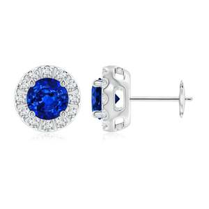 Pendientes de Zafiro Azul con Halo de Diamantes en Oro Blanco de 14kt, Elegante Joya Fina para Mujer, Piedra de Nacimiento de Septiembre - Product Image 1