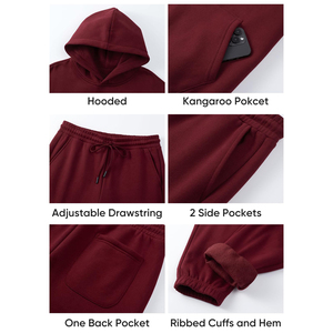 <b>Men's</b> <b>Burgundy</b> 2 Piece Tracksuit Set Hooded Sweatshirt Pullover <b>Hoodie</b> and Sweatpants Casual Solid Tracksuit - Product Image 3