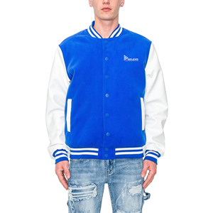 <b>Men's</b> Blue <b>White</b> Varsity <b>Jacket</b> Regular Fit Solid Color Button Front Casual Style Autumn Wear For <b>Men</b> - Product Image 1