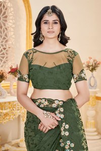 Sari en filet brodé vert pour femme, style traditionnel indien et pakistanais, longueur ras du sol, tenue de mariage, coupe classique, toutes saisons - Product Image 2