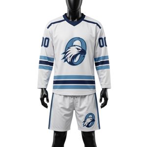 Men White Navy Blue Sublimated Ice Hockey Jersey Shorts Set Polyester V Neck <b>Athletic</b> Uniform Training Sports Apparel - Product Image 1