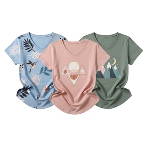 T-shirt à col en V imprimé personnalisé pour femmes de qualité supérieure doux 100% mélange de coton haut décontracté vente en gros OEM été Yokebud - Product Image 1