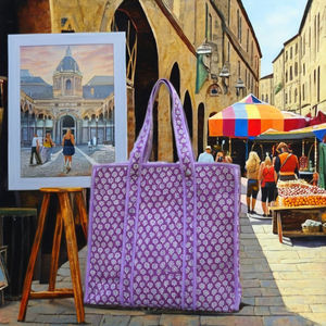 Bolso tote grande, estilo bohemio artesanal, color lila, hecho a mano, de algodón, ligero, con cierre abierto, ideal para ir de compras. - Product Image 3