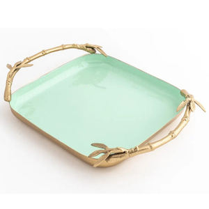 Bandeja Decorativa de Diseño con Asa, Forma Cuadrada Elegante, Nuevo Diseño, Bañada en Oro con Esmalte Verde, Bambú - Product Image 1