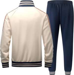 <b>Men's</b> Sporty Tracksuit Set Cream Navy Striped Full Sleeve Zipper <b>Jacket</b> Jogger Pants Breathable Autumn Wear Regular Fit - Product Image 3