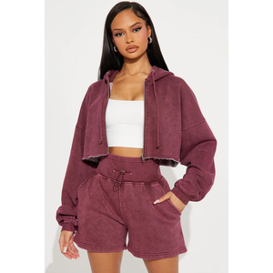 Conjunto de Sudadera con Capucha y Pantalones Cortos Vintage para Mujer, de Alta Calidad, Lavado, Liso, Personalizable, Ropa Deportiva Informal - Product Image 6