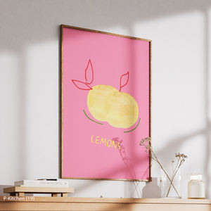 Art mural moderne pour cuisine, citrons abstraits sur fond rose pastel, art fruitier aquarelle, décoration vibrante pour salle à manger - Product Image 3
