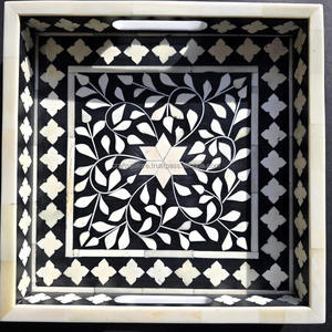 Ensemble de plateaux ronds faits à la main avec incrustation de nacre et motif feuille, plateaux de service décoratifs en MDF faits à la main pour la décoration intérieure, vente en gros depuis l'Inde - Product Image 2