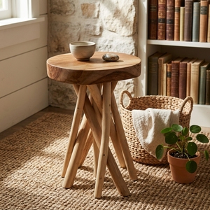 Nouveau tabouret en teck minimaliste moderne, base en branche de teck massif naturel, table d'appoint ronde pour salon et patio - Product Image 3