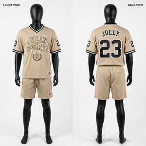 Ensemble maillot et short en jersey de polyester respirant 180 GSM premium, beige et noir, avec impression brodée personnalisée, uniforme de sport, 2 pièces. - Product Image 1
