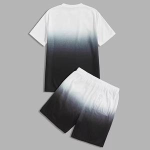 Ensemble t-shirt et short décontracté pour homme, été, dégradé de couleurs, respirant, tricoté, col rond, blanc à noir, design ombré - Product Image 1