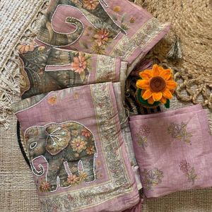 Elegant Women's Pure Soft Linen Cotton Silk <b>Saree</b> Khatli Kut Dana Handwork Designer <b>Blouse</b> Royal Export Wedding Summer Winter - Product Image 6
